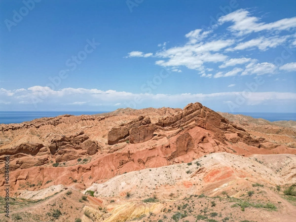 Fototapeta 
Top view, bird's eye view, Skazkak valley in Kyrgyzstan, chalk mountains with dried up river and grass