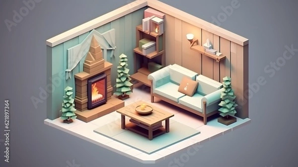 Fototapeta Isometric Christmas Fireplace Composition