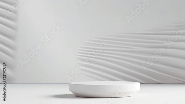 Fototapeta Pedestal oval podium for cosmetic product presentation in studio with white fine texture background. Generative AI 6