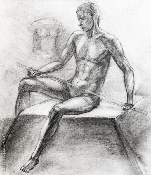 Obraz study hand-drawn drawing of nude sitting man with pole in studio drawn with charcoal on white paper