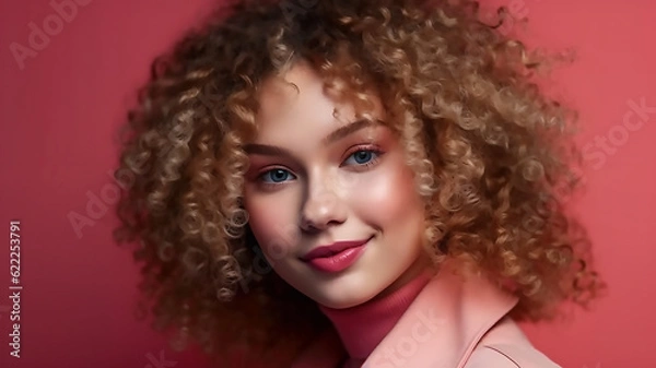 Fototapeta Portrait of a charming lady with red lipstick, curly hair on a pink background