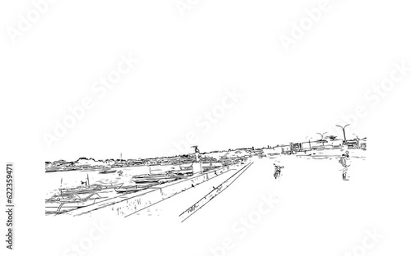 Fototapeta Building view with landmark of Puerto Princesa is the city in the Philippines. Hand drawn sketch illustration in vector.