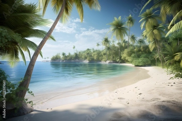 Fototapeta AI generated illustration of a beach with a long stretch of sand surrounded by lush green trees