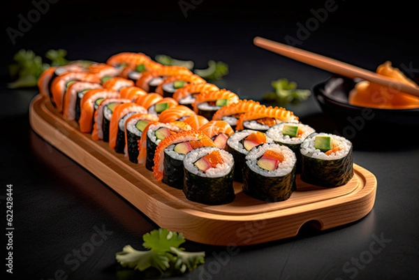 Fototapeta A wooden cutting board topped with sushi roll. Generative AI