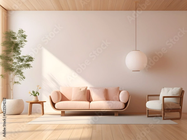 Fototapeta Mockup living room interior with pink sofa armchair and plants on empty white wall background mock up