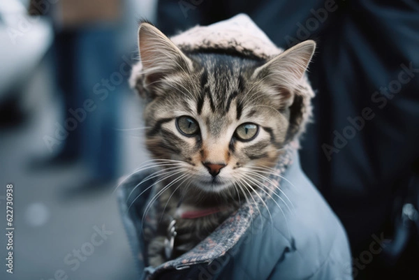 Fototapeta Fluffy cat dressed as a human on the street in a crowd of passersby. Creative concept of street fashion, casual wear, street style. Generative AI professional photo imitation.