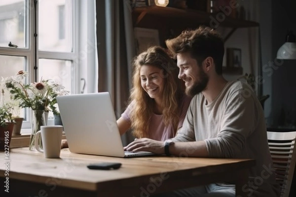 Fototapeta Young couple using laptop at table in living room.