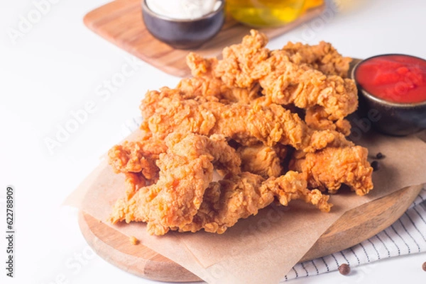 Fototapeta Crispy fried chicken breast strips with sauce