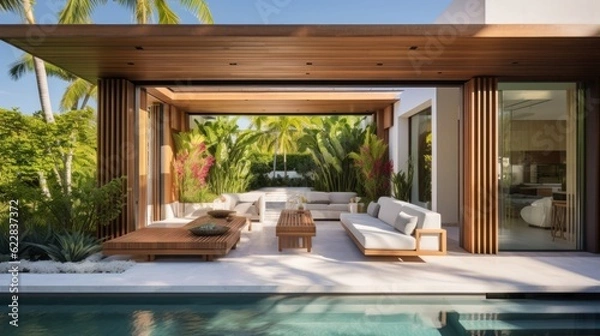 Fototapeta Embrace the tropical climate of Miami by incorporating architectural elements like open - air spaces, large windows, and a seamless indoor outdoor flow