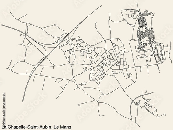 Fototapeta Detailed hand-drawn navigational urban street roads map of the LA CHAPELLE-SAINT-AUBIN COMMUNE of the French city of LE MANS, France with vivid road lines and name tag on solid background