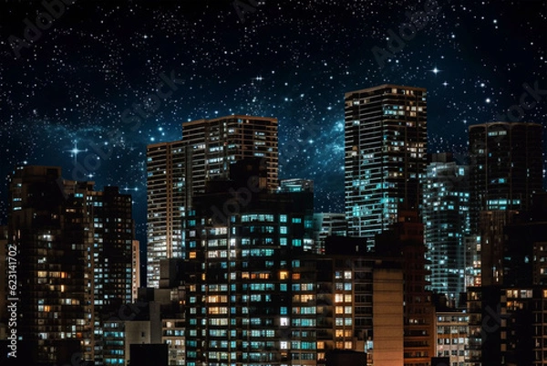 Fototapeta Night, milky way and stars in dark sky in town for stargazing, astrophotography and starlight view. Ai generated city, urban and architecture buildings in late evening light with galaxy constellation