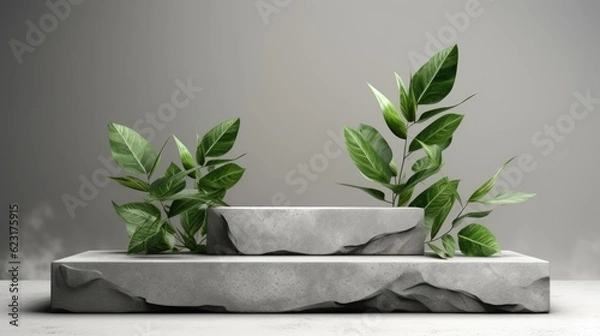 Fototapeta Mock-up of podium made of stone surrounded by green plants and leaves. Eco friendly concept background for eco and beauty products