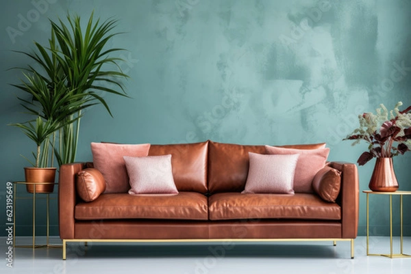 Fototapeta Empty mint green Wall, Full of Potential: Modern beige Sofa and Stylish Decor Await Your Frames & Text - Minimalist Interior Living Room Design
