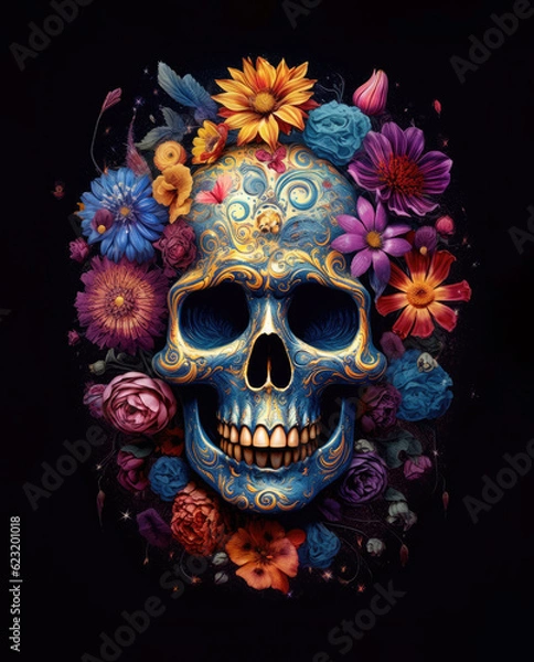 Obraz A skull embellished with flowers, presented in a vivid and psychedelic artistic manner. Dark background. Generative AI.