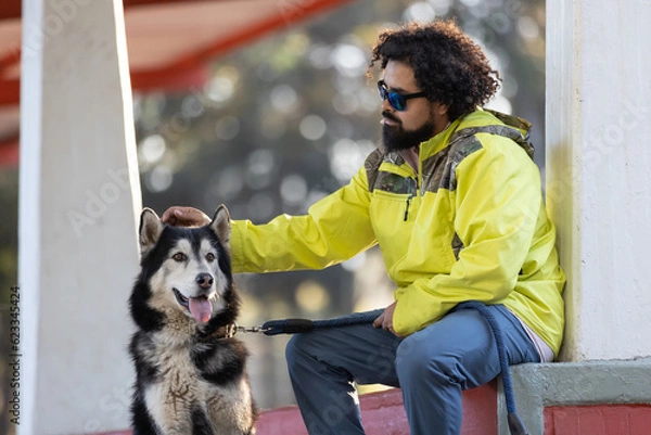 Fototapeta mexican afro hairstyle man with his husky dog, international pet dog day