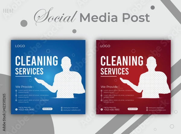 Fototapeta Home cleaning service social media post template. Office and hotel cleaning services banner,social media poster design. Cleaning service marketing post banner design.