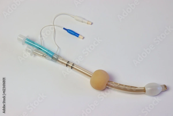 Fototapeta Esophageal tracheal airway tube in a light background. Tube also know as combitube.