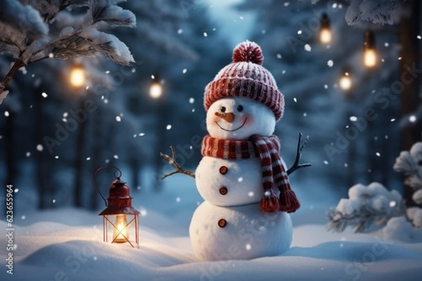 Fototapeta Snowman in the winter forest with lanterns. Christmas background, Generative AI