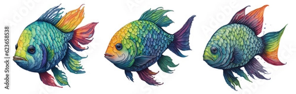 Fototapeta Watercolor Exotic Colorful Fish Collection On A Transparent Or White Background.