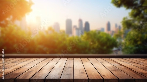 Fototapeta The empty wooden table top with blur background of downtown business district. Generative Ai.