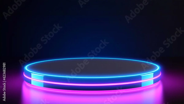 Fototapeta Podium with neon glow for your product or text presentation. Generative AI