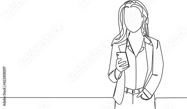 Obraz continuous single line drawing of businesswoman holding smartphone, line art vector illustration