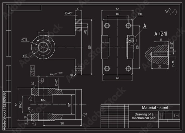 Fototapeta Vector drawing of a steel mechanical part with through holes.
Engineering cad scheme. Mechanic background.