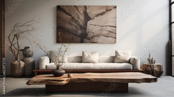 Fototapeta Rustic live edge table and chairs near the beige sofa interior design of the modern living room generative ai