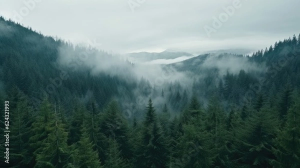 Fototapeta Tall trees in the forest in the mountains covered with the fog