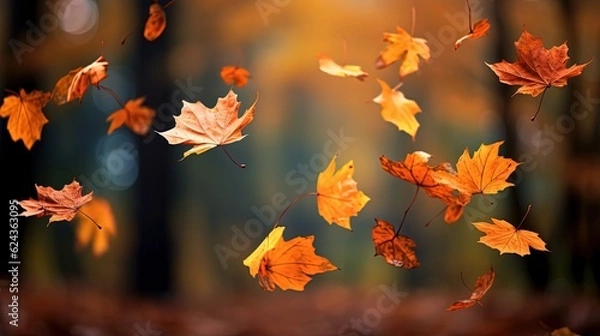 Fototapeta Autumn forest close up maple leaves fall on ground, background wallpaper,  Generative Ai