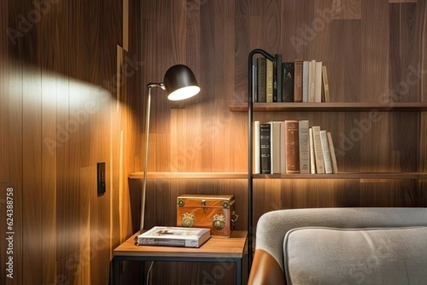 Fototapeta wood-paneled wall with built-in bookshelf and reading lamp, created with generative ai