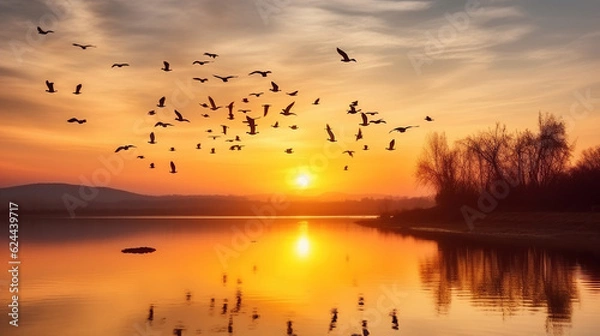 Fototapeta Majestic Birds in Silhouette Gracefully Glide Over the Enchanting Lake at Sunset. Generative AI