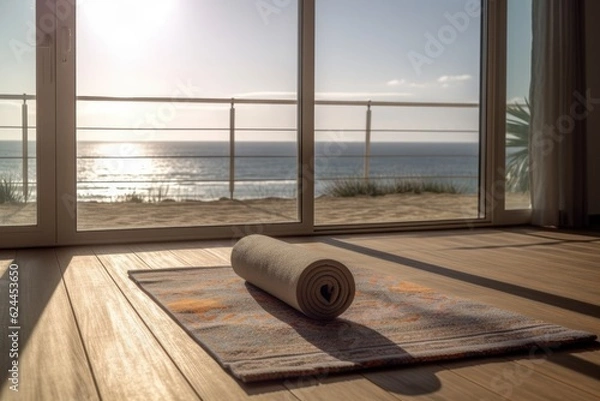 Fototapeta A yoga mat in front of a large window overlooking the ocean. AI Generative