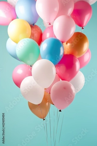 Fototapeta close up of colorful balloons flying in the air, levitation,rainbow palete pastel background for design