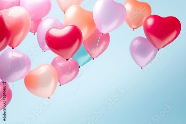 Fototapeta close up of heart sharp balloons flying in the air, levitation,rainbow palete,white lighting pastel background