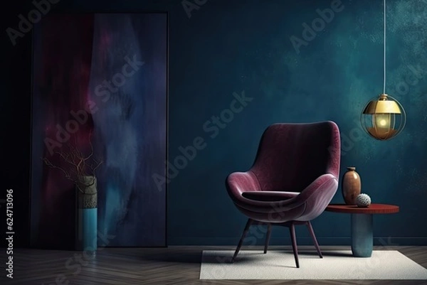 Fototapeta lounge area with a chair. Dark room with blue and navy vacant walls in the backdrop. Artwork mockup. Maroon and burgundy chair. Generative AI