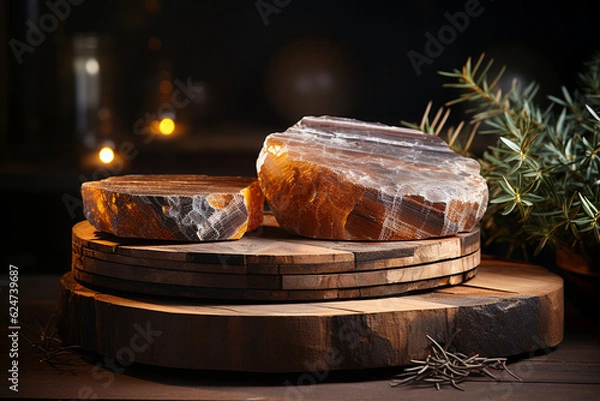 Fototapeta Petrified wood Stone podium, background for cosmetic product Generative AI