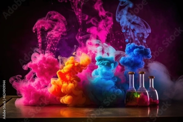 Fototapeta chemical reaction producing smoke and vivid colors, created with generative ai