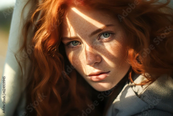 Fototapeta Portrait of young woman with red hair