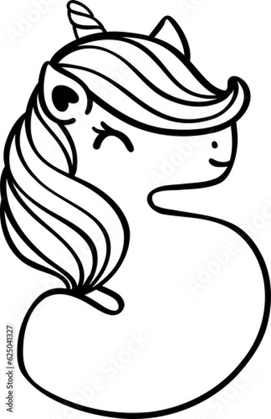 Fototapeta Cute cartoon unicorn head with number five,5, outline hand drawing doodle. A fun and educational way to teach kids about numbers. Perfect for kindergarten, elementary school, or preschool lessons.