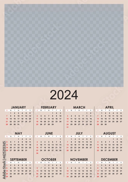 Fototapeta Calendar 2024 Year mockup. Annual template with place for photo. Classic simple minimal design on beige background. Vertical mockup for design. English language. EPS10.