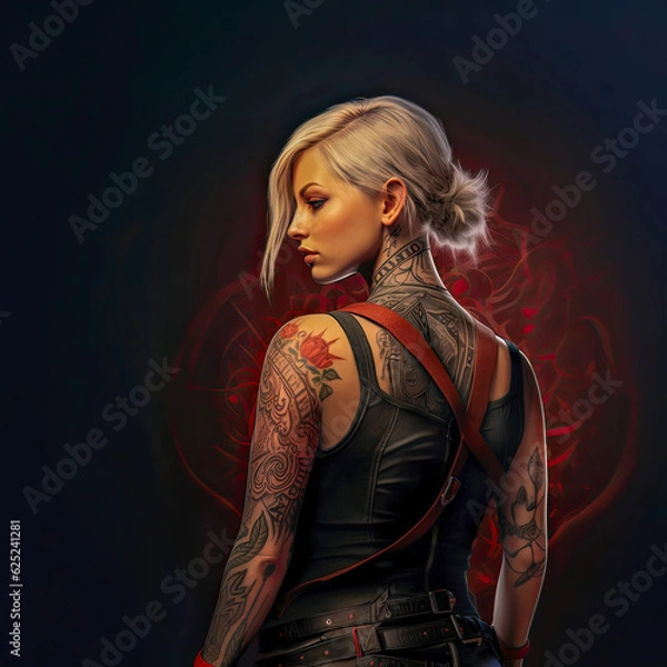 Fototapeta Enigmatic Allure: Beautiful Blonde with Tattoo in Vest Top, Gazing Sensually Over Her Shoulder