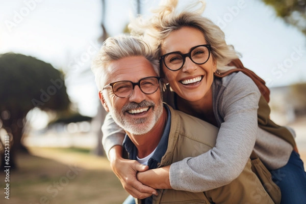 Fototapeta overjoyed adult couple having fun outdoors. High quality photo