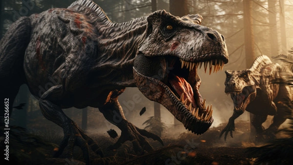 Fototapeta photorealism of Two tyrannosaurus rex are fighting in pine forest . wide angle lens realistic lighting