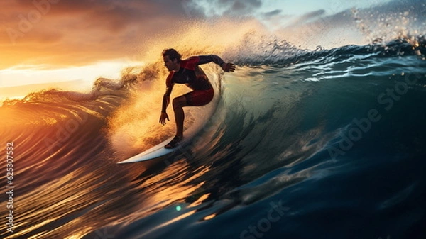 Obraz surf on sunset sea ,surfer silhouette on sunset sea water wave splash on sun light flares