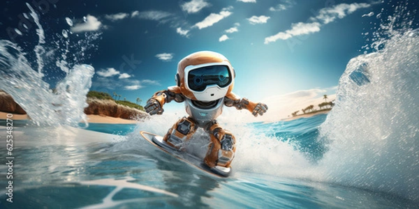 Fototapeta Robot on a futuristic surfboard. Vacation concept. Generative AI