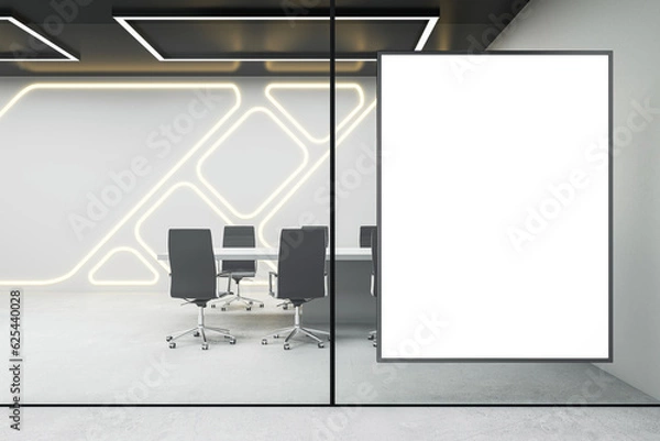 Fototapeta Blank white poster on modern futuristic meeting room background, mockup. 3D Rendering