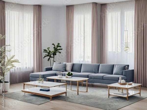 Fototapeta Interior of the living room of a luxury house with large windows and modern gray furniture, natural light on a sunny day- AI Generative