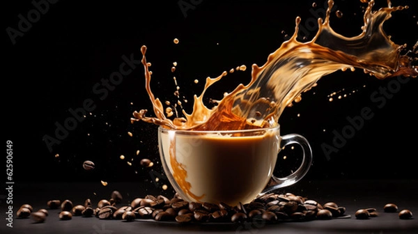 Fototapeta Coffee splash, splashing out of the cup, with coffee beans all around, isolated on black background