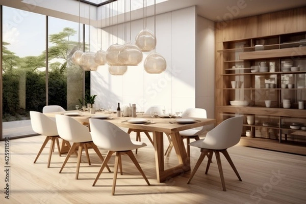 Obraz Interior of modern dining room with white walls, wooden floor, panoramic windows and wooden table with white chairs. 3d rendering